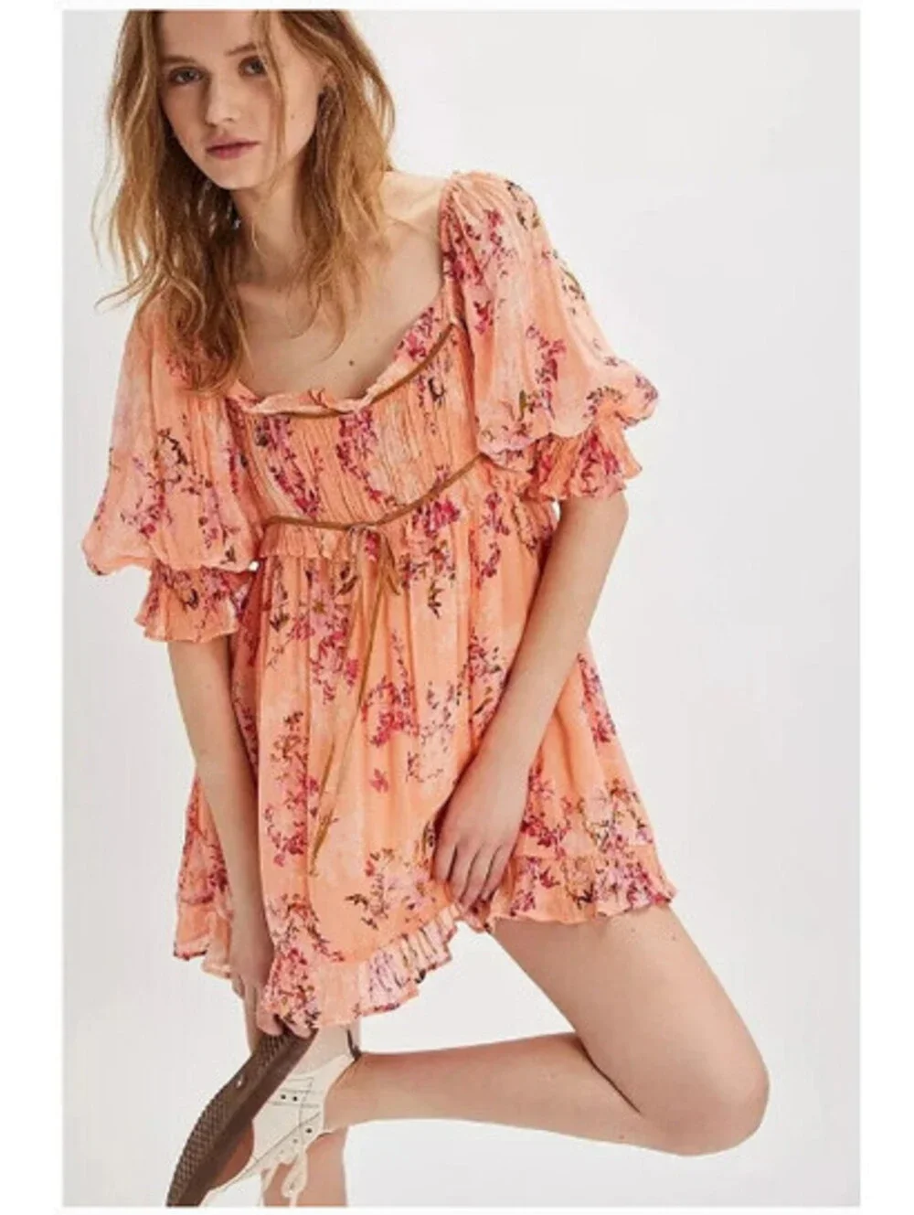 Free People Marney Mini Dress  peach pink Combo floral print size S  $148msrp
